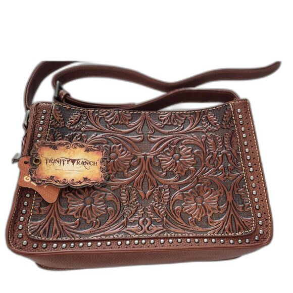 trinity ranch Handbags - NWT Trinity Ranch Coffee Floral Tooled Leather Crossbody Bag